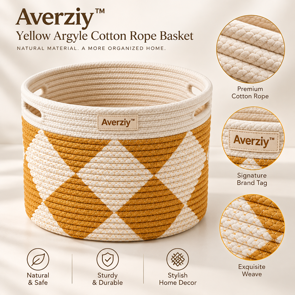 Averziy™ Yellow Argyle Cotton Rope Basket