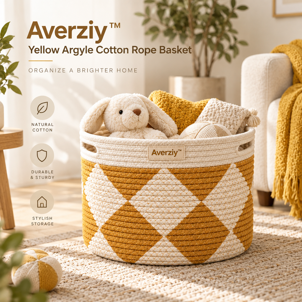 Averziy™ Yellow Argyle Cotton Rope Basket